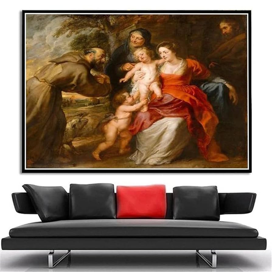 キャンバス　絵画　家族画 中世画 幸せなママと赤ちゃん兄妹張りキャンバス絵画額付き